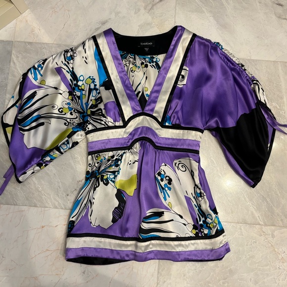 Vintage Y2k BeBe Silk Kimono Wrap Top Oriental Asian Inspired - Picture 2 of 6